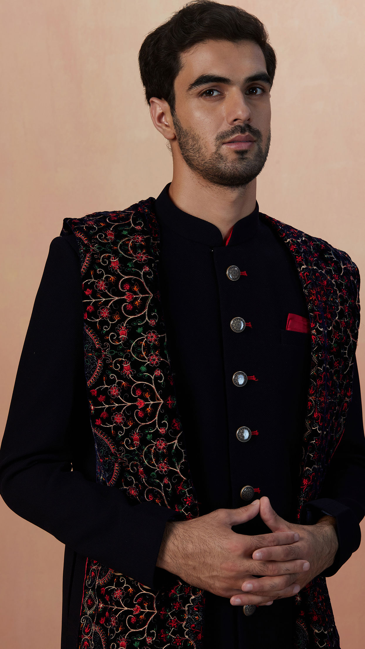 alt message - Manyavar Men Royal Blue Self Design Indo Western With Dupatta image number 0